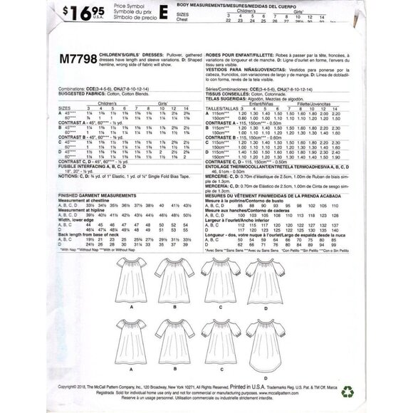 McCall's M7798 Girls 7 to 14 Easy Pullover Dresses Uncut Sewing Pattern New - Picture 2 of 2